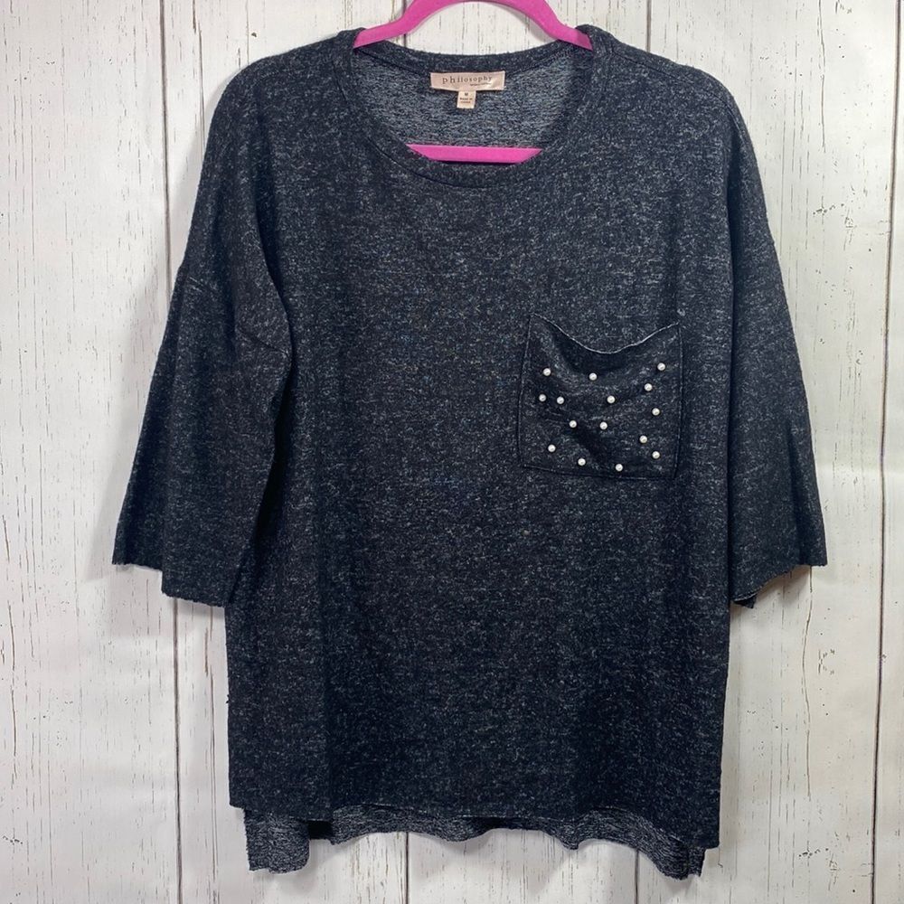 Philosophy Charcoal Gray Women Pearl Studded Oversized High Low Top